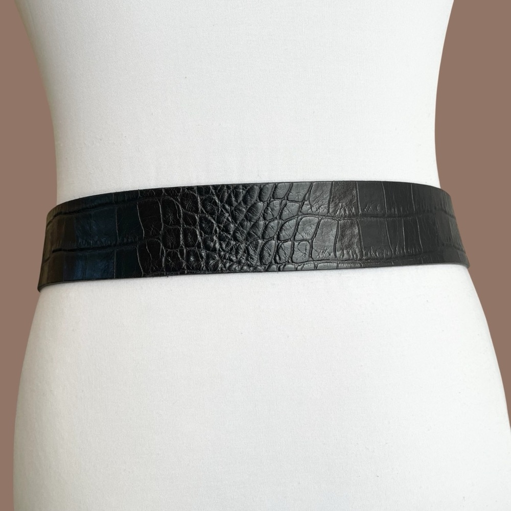 Italian Leather Black Croc-Embossed Wide Waist Oversized Belt Maximalist XS - Picture 5 of 14